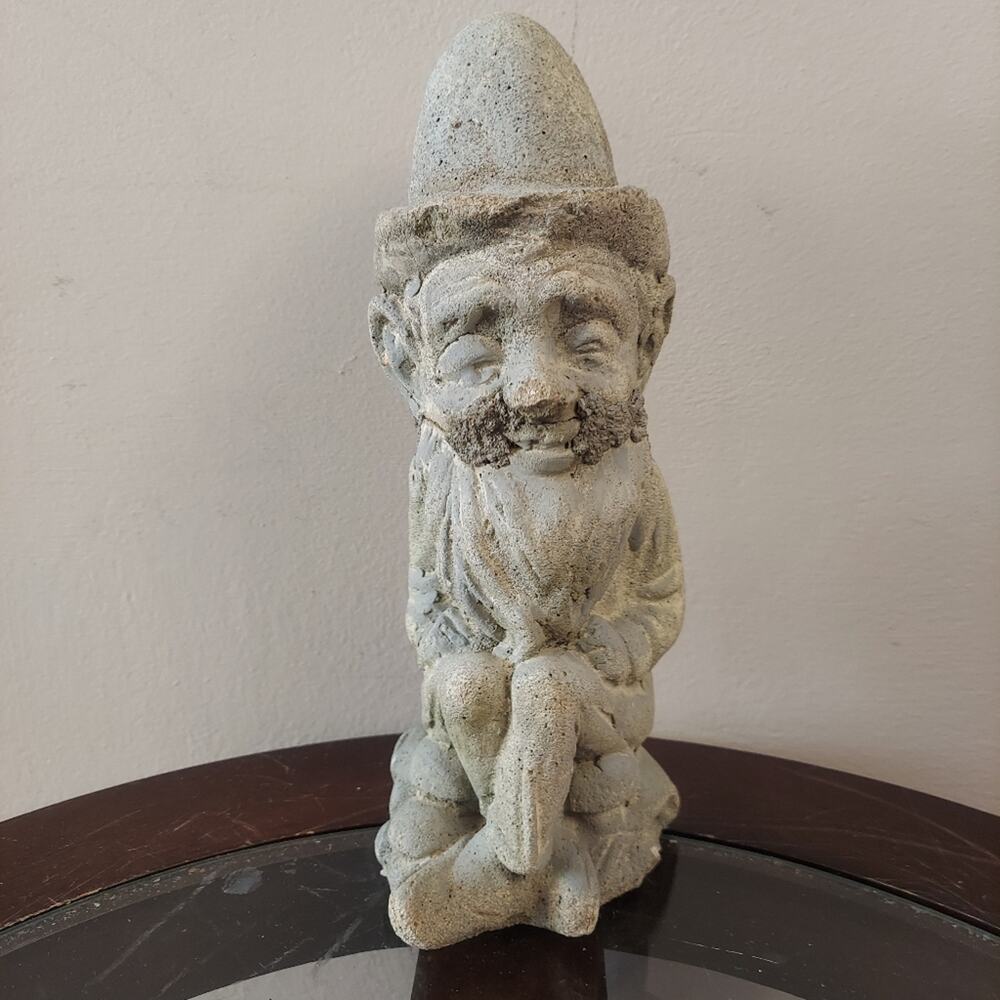 Antique c. 1920 11" Concrete Garden Gnome Statue for Lawn or Backyard Decoration